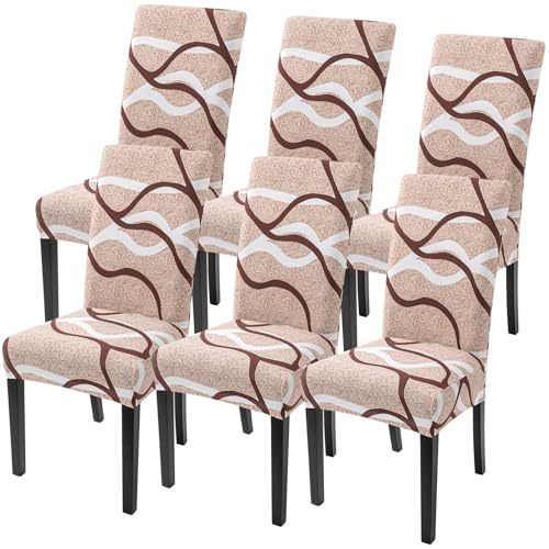 Image of SearchI Dining Room Chair Covers Set of 6, Stretch Printed Parsons Chair Slipcovers Super Fit Spandex Removable Washable Kitchen Chair Protector Cover for Dining Room, Hotel, Ceremony (Khaki)