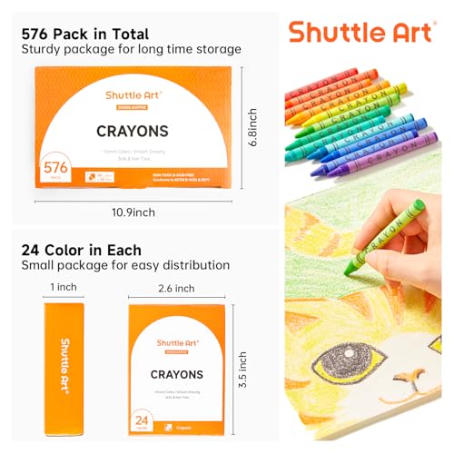 Image of Shuttle Art Crayons Bulk Set - 24 Boxes of 24 Assorted Colors, 576 Count Durable & Non-Toxic Teacher-Quality Crayons, School Supplies bulk For Family Class Party Favors