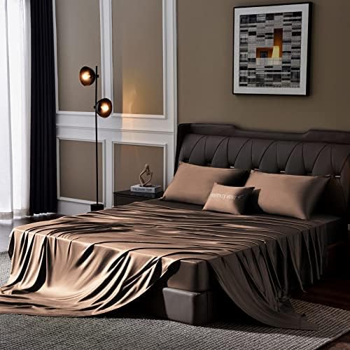 Whitney Home Textile Chocolate Brown Bamboo Microfiber King Size Sheet Set 4 Piece Soft Silky Breathable Luxury Bed Sheets 16" Extra Deep Pocket Machine Wash Wrinkle Free Durable Cool Sheets