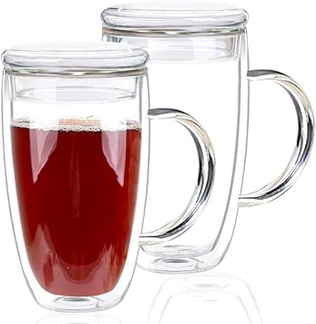 15 Oz Double Walled Glass Coffee Mugs, 2 Packs Clear Coffee Mugs with Lids Insulated Coffee Cups with Handle Perfect for Cappuccino,Tea,milk ,Espresso,Latte, Hot Beverage Set of 2 Glass lid, 15oz