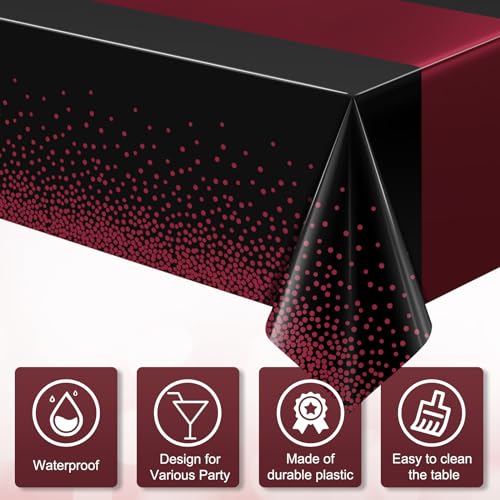 3Pcs Black and Maroon Tablecloth Party Decorations,Plastic Black Table Cloth Printed Maroon Table Runner Disposable Rectangle Table Cover for Birthday Wedding Graduation Anniversary Party,54x108Inch by MASHAN - Image 3