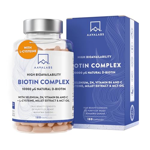 Biotin hårvitaminer - Biotin 10000 mcg kosttillskott + selen, zink, B6 & C-vit, L-cystein, hirs & MCT-olja hårvitaminer - 180 biotin-tabletter för hår, hud & naglar, vitaminer för kvinnor & män