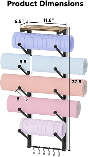 Miniatura 5 de Soporte para tapete de yoga de 5 niveles, soporte de pared con 6 ganchos para colgar, correa de yoga, rodillos de espuma, bandas de resistencia,