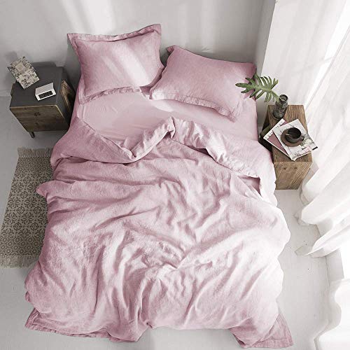 Merryfeel Linen Duvet Cover Set Queen Size, 100% French Linen Luxurious Duvet Cover Set, Natural Flax 3 Pieces Bedding Set (1 Duvet Cover With 2 Pillowshams) - Light Pink - Breathable #TOP5