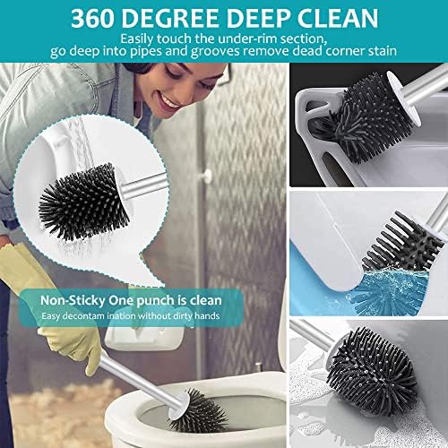 Silicone Toilet Brush and Holder 2 Pack: Soft Flexible Bristles | with Non-Slip Handle and Anti-Drip Base | for Bathroom Toilet Deep Cleaning, with 3 Detail Brushes