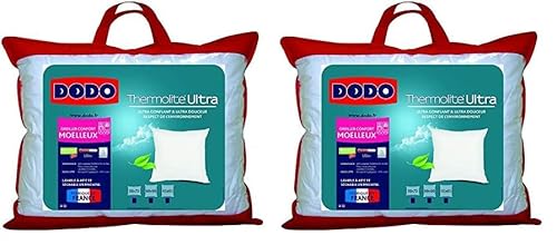 DODO | Oreiller Ultra Gonflant 60x60 | Confort Moelleux | Oreiller Maxiconfort Thermolite Ultra | Doux et Fibre Recyclée | Fabriqué en France | Lavable en Machine à 40°c (Lot de 2)