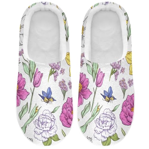 JUNZAN Flowers Daffodils Peonies Butterflies White Womens Cotton House Slippers Breathable Memory Foam Foam Slippers for Spa Funny Presents 6-7