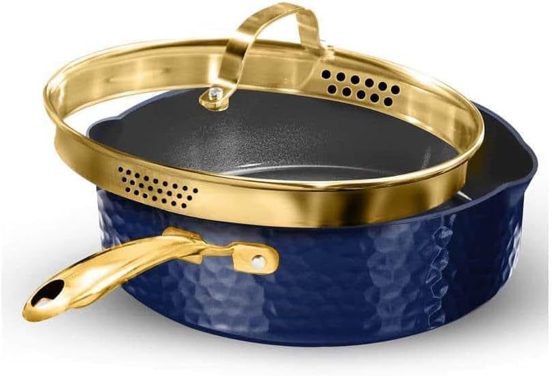 For Granitestone Deep Saute Pan 4 Qt Navy Aluminum Hammered Nonstick Strainer Lid