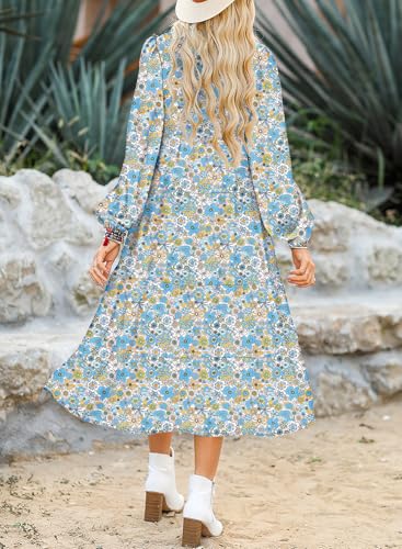 Dokotoo Women's Casual Loose Bohemian Floral Dresses 2025 Long Puff Sleeve V Neck Ruffle A Line Flowy Summer Beach Dress2
