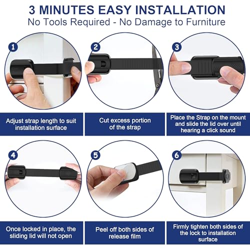 Septeamay 10 Stück Kindersicherung für Schrank und Schubladen, Schubladensicherung für Baby und Kinder für Tür Schränke Kühlschrank, Schrankschloss mit Stark Kleber ohne Bohren - Schwarz