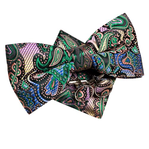 Image of Dubulle Mens Paisley Striped Bowtie Set Pre-tied Bowtie for Men and Pocket Square Set Wedding Business