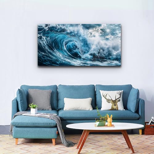 ERQINHUA Blue Wave Canvas Wall Paintings Wall Art For Living Room Wall Decor For Bedroom Ocean Inspiration Pictures Office Mural Posters Modern Home Decor Aesthetics Artwork Ready To Hang 20"X40"