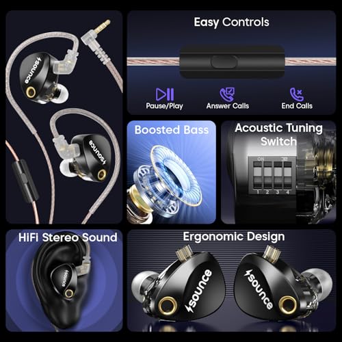 Image of Sounce Castro Pro Earphone IEM Dual 10mm Drivers Hi-Res Audio Harman Bass Enhanced 4-Level Tuning Switch Zinc Alloy Body OFC Flat Detachable 0.78mm Pin Cable 3.5mm Plug for Monitoring Pro Audio Black