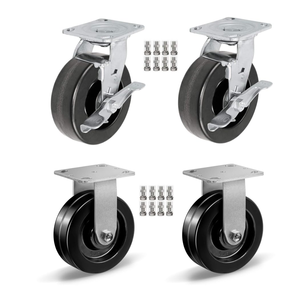 Heavy Duty Casters - Industrial Casters Phenolic Caster with Strong Load-Bearing Capacity 3000-6000 LB,Used in Furniture,WorkBrench,Tool Box, Equipment (4" Rigid+Brake, pcs, 4)