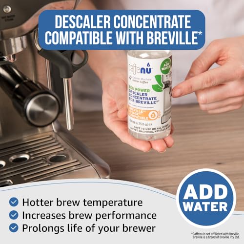 Image of Breville Compatible Descaling Solution. 2 Bottles of Breville Descaler Solution. Breville Descaling Kit Removes Limescale For Hotter Coffee. 4 Uses Descaler For Breville Coffee Machines.