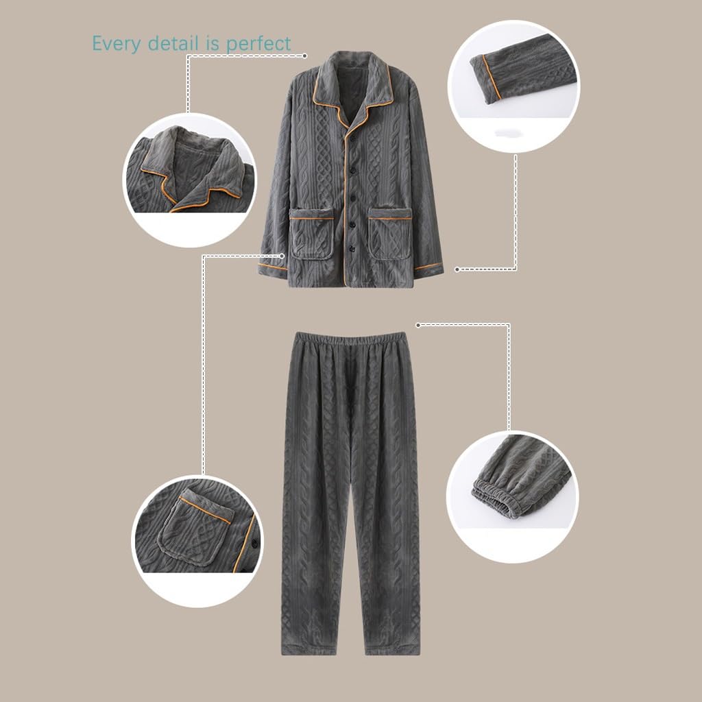 2 Set Fleece Pyjama Nachthemd Weiche Warme Pyjama Set Mit Hosen Und Tops Mit Lange Ärmel Loungewear Pyjama Schlafanzug Lang (Color : Light Grey, Size : XL)