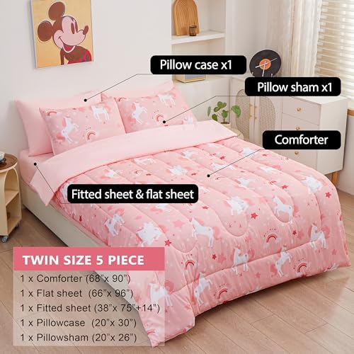 Image of Bedding Set Twin Size Pink Unicorn 5pcs Bed in A Bag, All Season Dreamy Unicorn Printed, Soft Microfiber Comforter Set with Sheets, Pillowcase & Sham for Girls Kids Teens (5 Piece Twin Size)
