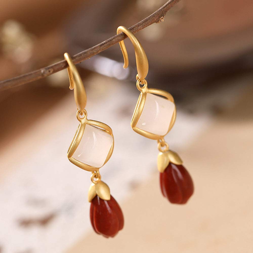 Vintage Largo Aretes De Plata Esterlina S925 Mujeres Ágata Roja Flor Magnolia Geometría Jade Blanco Encanto Elegante De Estilo Chino De Gama Alta De Temperamento Temperamento Don