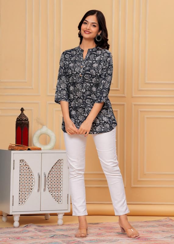 Image of Women's Cotton Printed Kurta Top | 3 /4 Sleeve Straight Kurti Casual Outings