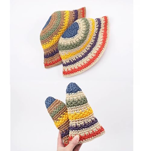 KORADI Girls Sun Hats Rainbow Straw Hat Kids Wide Brim Summer Beach Hats Hollow Out Bucket Hat 3-8 Years4