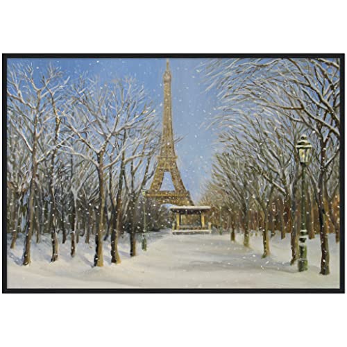 Art mural paysage urbain Tour Eiffel sous la neige tableau encadré noir 70x100 cm
