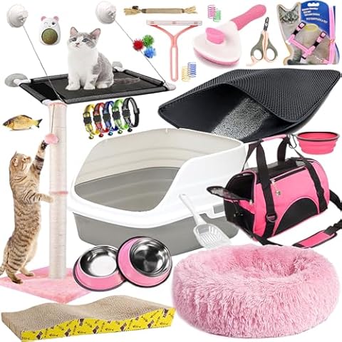 Lobeve Kitten Supplies Starter Kit - 30-Piece Set of Cat Essentials and Cat Stuff. Includes Cat Litter Box, Toys, Bed, Carrier, Bowls, Brush, and More. Perfect Welcome Home Gift for Your New Cat-Pink Cover