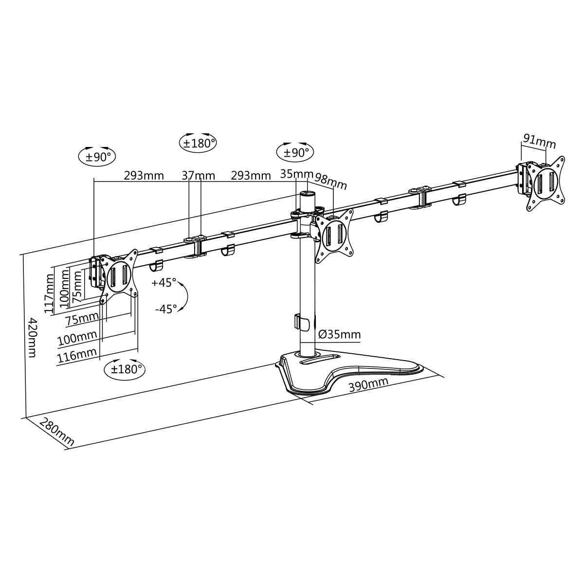 LogiLink Supporto per monitor in alluminio per 3 monitor (17-27"), lunghezza braccio: 658 mm, con supporto per smartphone