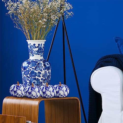 Image of Winlyn 12 Pcs Small Fabric Decorative Blue and White Pumpkins Chinoiserie Chic Foam Pumpkins 3 inch for Gifts Fall Wedding Halloween Thanksgiving Table Centerpiece Mantel Farmhouse Decor