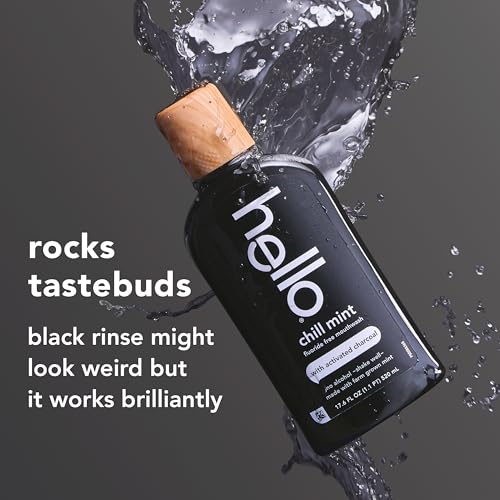 Image of Hello Chill Mint Alcohol Free Mouthwash with Activated Charcoal, 17.6 Fl Oz, Fluoride Free Mouthwash with Farm Grown Mint and Coconut Oil, Vegan, Minty Oral Rinse (Pack of 3)