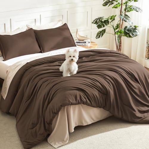 Image of Litanika Comforters Brown Oversized King Size, 3 Pieces Lightweight Solid Bedding Set & Collections, All Season Fluffy Bed Set (120x98In Comforter & 2 Pillowcases)