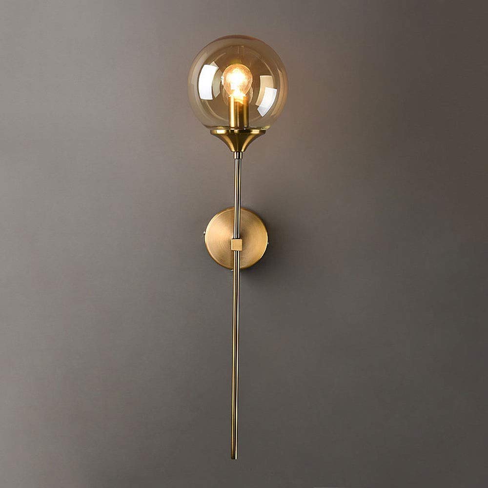 HCZKIUJY Modern Wall Mounted Lamp Metal Sconce, Glass Globe Lampshade Long Arm Gold Wall Lamps Bedside Lights for Bedroom Living Room Hallway Cloakroom Lighting Fixture, E27 Base (Amber)