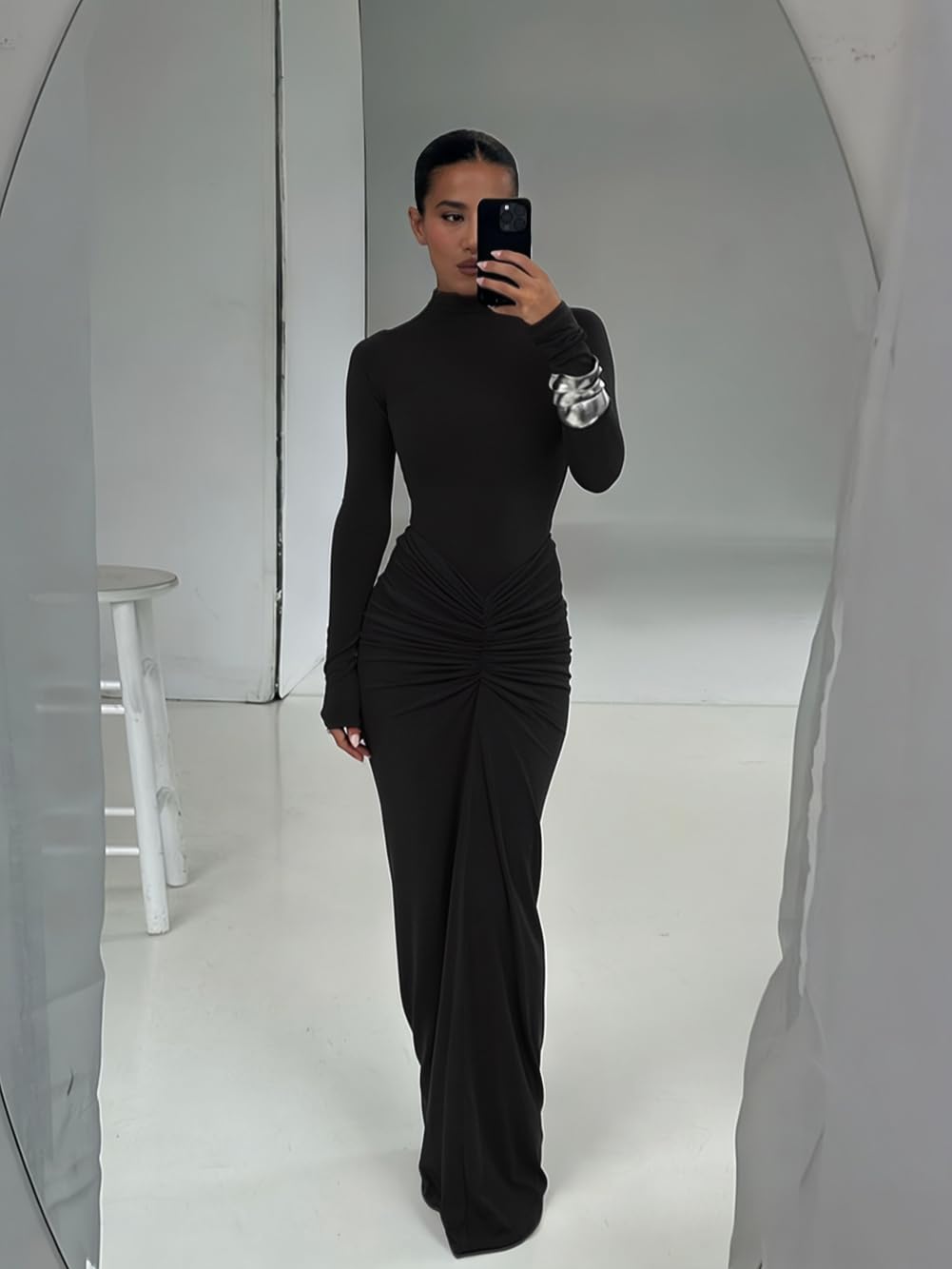 Vestito Donna Elegante Maniche Lunghe Maxi Abito Aderente con Scollo Alto Sexy Vestiti Lungo a Pieghe Abiti da Sera Cerimonia Festa Cocktail Matrimoni Autunno Inverno Casual Bodycon Tubino