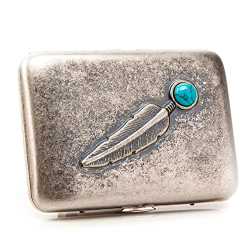 Metal Cigarette Box, Antique Silver Turquoise Copper Feather Cigarette Case, Creative Metal Cigarette Case Hold 16 Cigarettes,Brass (Silver)