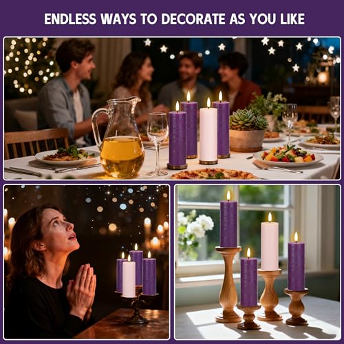 Image of Flameless Advent Candles Set of 4, Real Wax Advent Pillar Candles Battery Operated 9.6 inch, Purple and Pink Christmas LED Candle for Wreath, Christ, Home, Church, Catholic Decoration