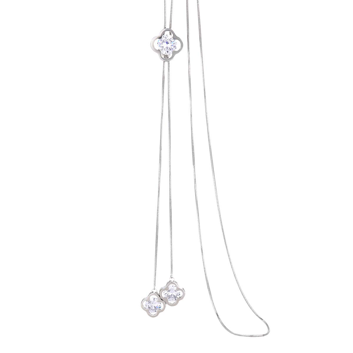 Zealmer Women Long Crystal Four Clover Necklace Silver