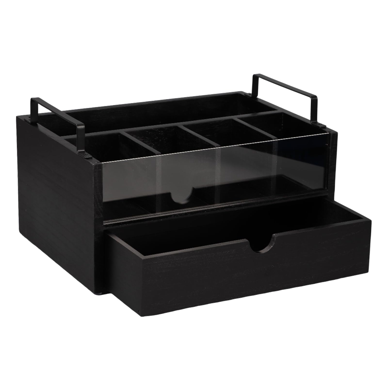 Organizador de Café y Té, Organizador de Barra de Café con 5 Compartimentos y 1 Cajón dispensador capsulas, Caja de Madera para Accesorios de Cafetera, Estación de Cafe de Escritorio (Negro)