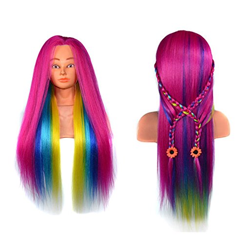 CNicehair 24" Colorful Mannequin Head Training Head Synthetic Hair Manikin Cosmetology Doll Hairdressing Practice (Table Clamp Stand Included) rose-4s