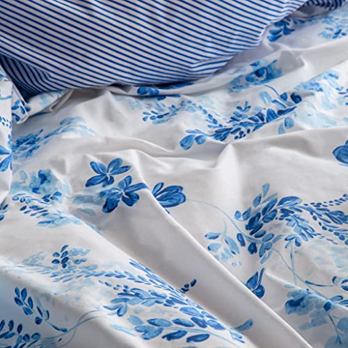 LERUUM Single Cotton Duvet Cover Sets Blue Floral Striped Bedding - Single Quilt Cover Set Blue Bedding Sets for Girls - Image 4