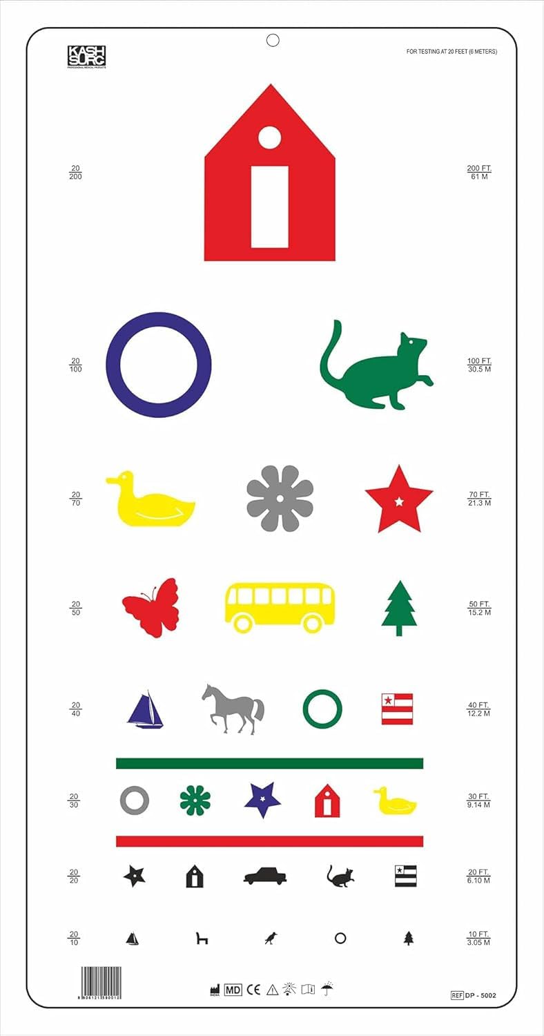 KASHSURG Traditional Snellen Color & Kindergarten Color Distance Vision Eye Chart 20 Feet 22 x 11 Inch__(Pack of_18)