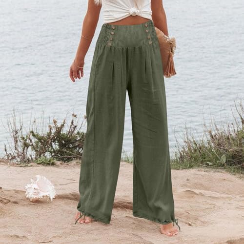 Women Summer High Waisted Wide Leg Lounge Smocked High Waist Loose Fit Linen Beach Lounge Pants with Pockets4