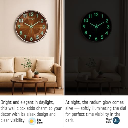 Image of RANDOM Modern 12.75INCH Wall Clock with 3D Radium Numbers, Silent Non-Ticking, Premium Copper Frame, Ultra Clear Glass for Living Room, Home Office