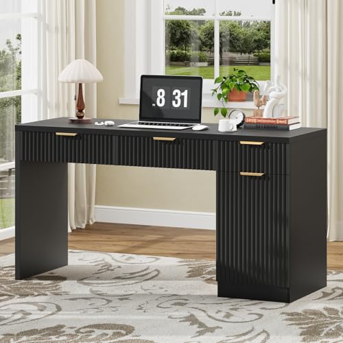 Vabches 60 Executive Desk with Fluted Drawers Wood Home Office Desk with Storage Cabinet Fluted Reversible Computer Writing Desk for Study Living Room Black