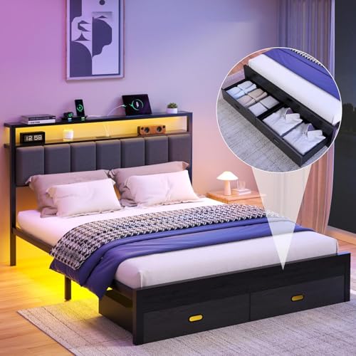 Image of Full Bed Frames with Storage Drawer, Platform Bed with Charging Station and LED Lights, Upholstered Headboard with 2-Tier Storage Shelves, No Box Spring Needed