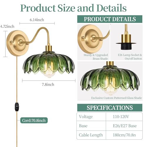 Image of ZECOXOL Vintage Plug in Wall Sconces Set of Two,Dimmable Wall Sconces Lamp with Plug in Cord & Flower Glass Lampshade,Gold Sconces Wall Decor Set of 2 Plug in Wall Lights Sconces for Bedroom