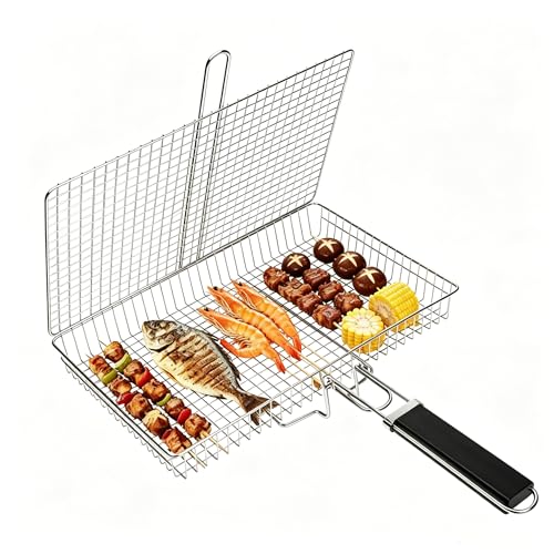 BBQ Grill Basket 430 Food Grade Stainless Steel Lockable Fish Grill Basket with Removable Handle Portable Grilling Rack for Whole Fish Steak Shrimp and Vegetables Outdoor Camping Barbecue