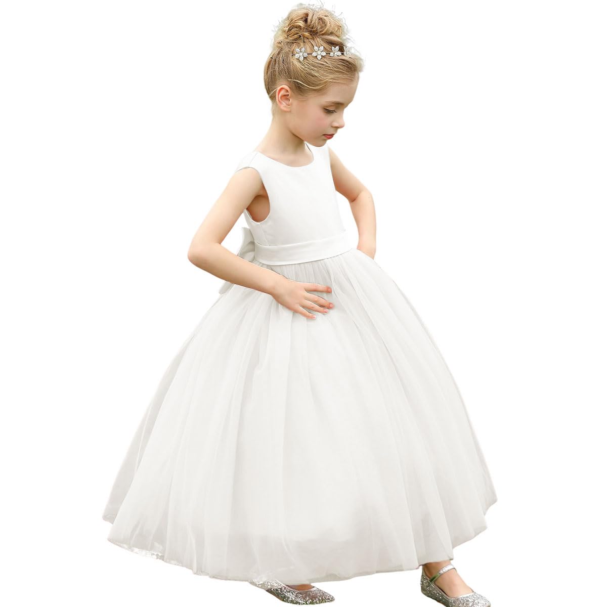 Aibaowedding Abito da ragazza di fiore in raso di tulle principessa corteo fiore ragazza vestito per il matrimonio bambini abiti da ballo con fiocco