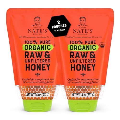 Nature Nate's 100% Pure USDA Organic Raw & Unfiltered Honey, Two 14 oz. No-Drip Sustainable Squeeze Pouches; Purity Guarantee, No Additives Nature Nate's 100% Pure USDA Organic Raw & Unfiltered Honey, Two 14 oz. No-Drip Sustainable Squeeze Pouches; Purity Guarantee, No Additives