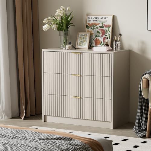 Image of Furniway 31.5 inch Large Nightstand with 3 Drawers, Fluted Bedside Table, Modern Tall End Table with Storage, Wood Night Stand Organizer Cabinet for Bedroom, Beige
