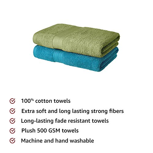 Image of Amazon Brand - Solimo 100% Cotton 2 Piece Bath Towel Set, 500 GSM (Olive Green and Turquoise Blue)