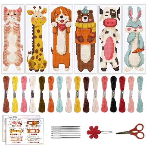 Image of ACRNIGHEET 6PCS Cross Stitch Bookmark Kit for Beginner Cartoon Animals Stamped Cross Stitch Kits for Adults DIY Embroidery Bookmark Kits Crossstitch Kits Adult with Instructions Hand Craft Gift 11CT